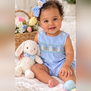 Edgehill Collection Blue Smocked Bunny Bubble Romper | 12M